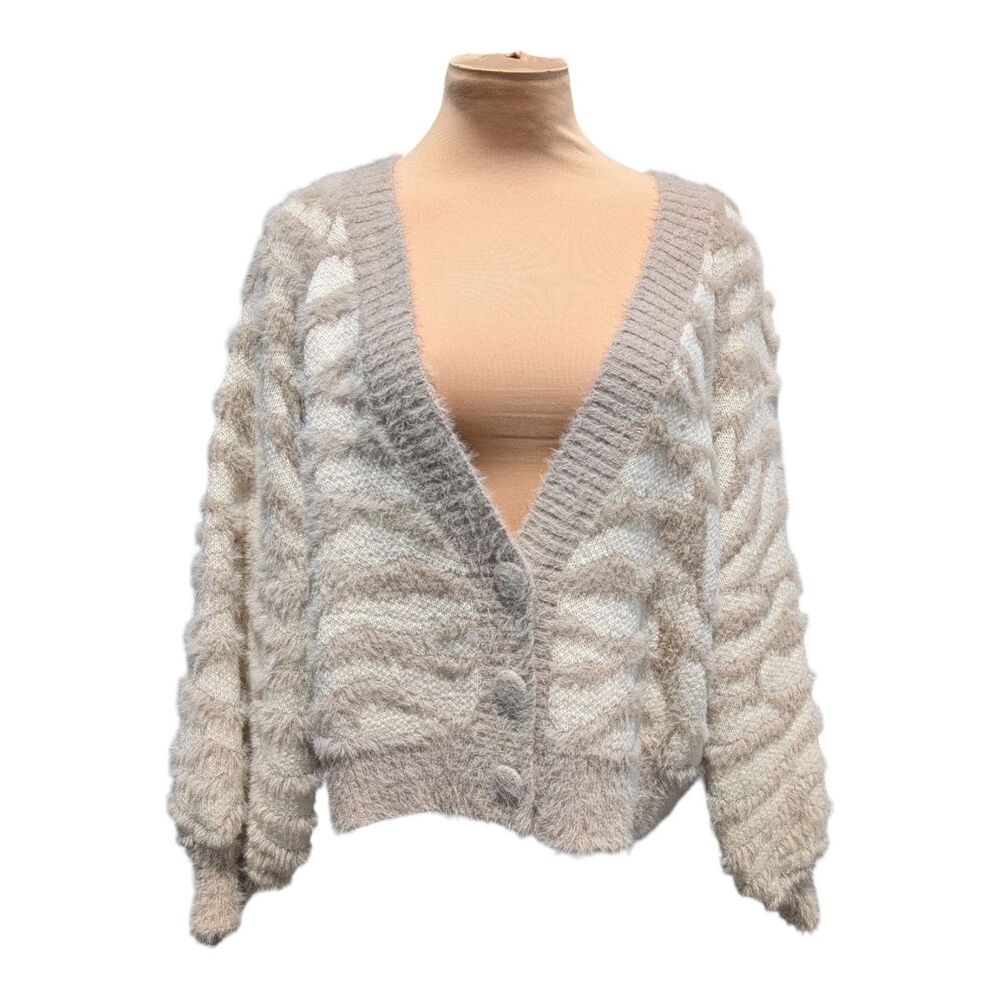 Lush Cardigan Women Size M Beige Cream Zebra Print Fuzzy Balloon Sleeve Academia